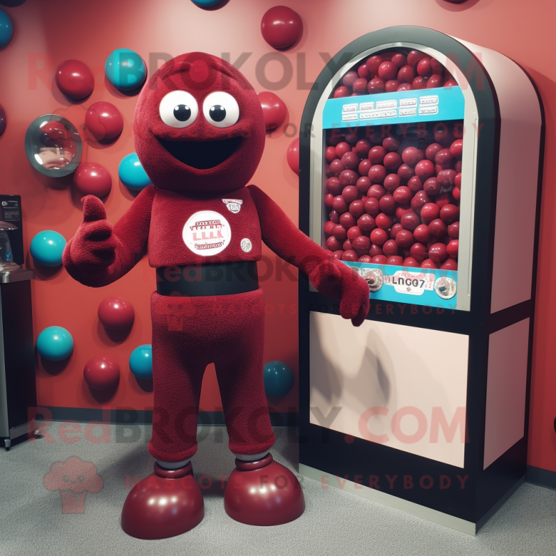Maroon Gumball Machine mascot costume character dressed with a Shorts and Gloves Maroon Gumball Machine mascot costume character dressed with a Shorts and Gloves