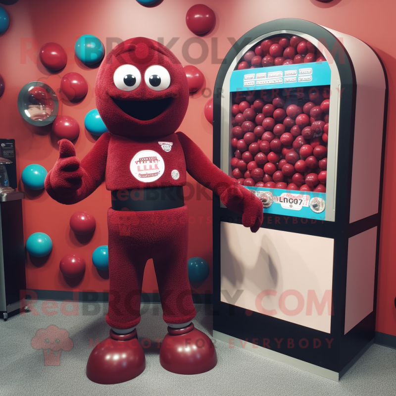 Maroon Gumball Machine mascot costume character dressed with a Shorts and Gloves