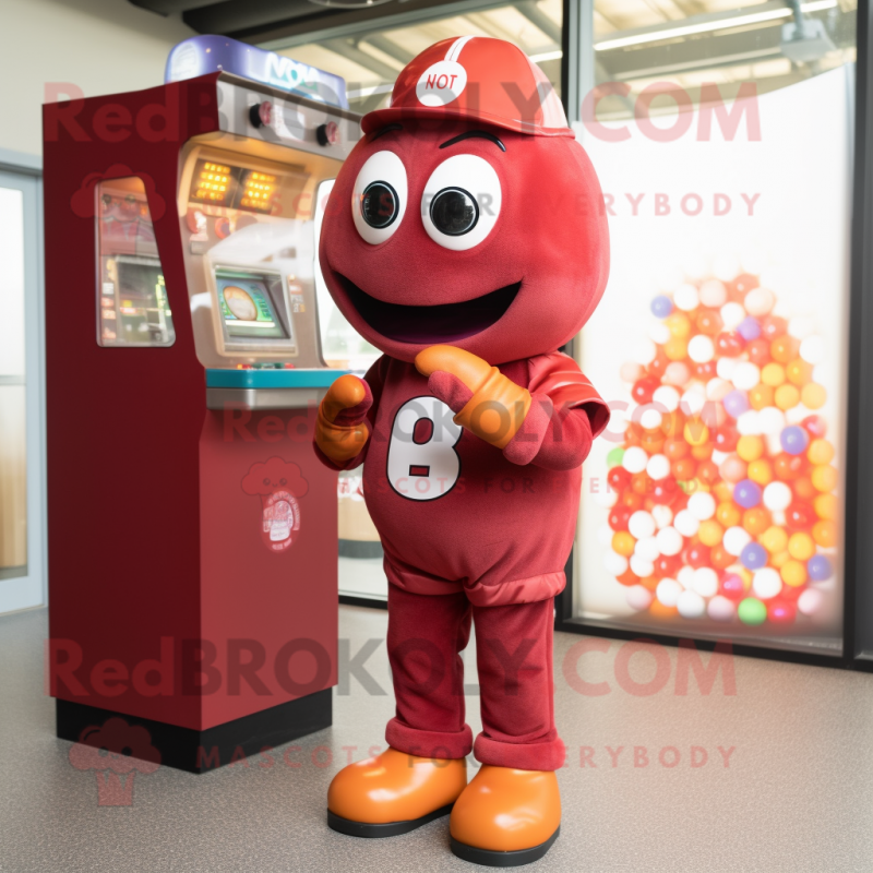 Maroon Gumball Machine mascot costume character dressed with a Shorts and Gloves Maroon Gumball Machine mascot costume character dressed with a Shorts and Gloves