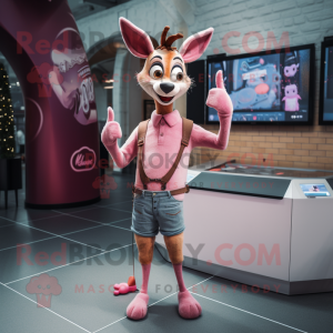 Pink Roe Deer mascot costume character dressed with a Skinny Jeans and Rings