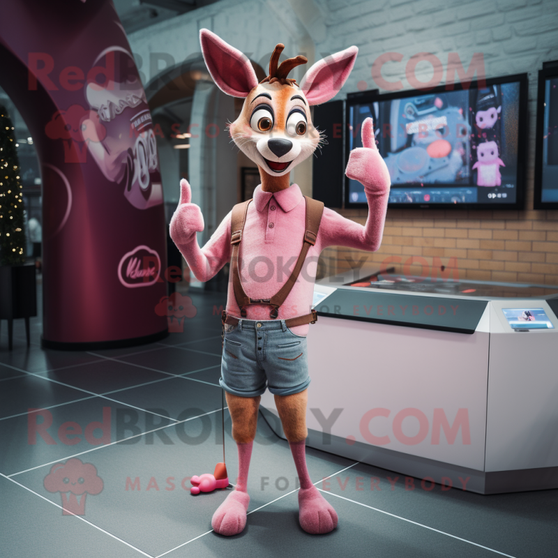 Pink Roe Deer mascot costume character dressed with a Skinny Jeans and Rings Pink Roe Deer mascot costume character dressed with a Skinny Jeans and Rings