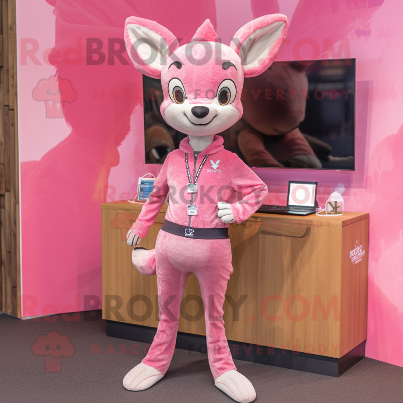 Pink Roe Deer mascot costume character dressed with a Skinny Jeans and Rings Pink Roe Deer mascot costume character dressed with a Skinny Jeans and Rings