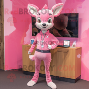 Pink Roe Deer mascot costume character dressed with a Skinny Jeans and Rings