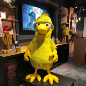 Lemon Yellow Dodo Bird mascot costume character dressed with a Romper and Beanies
