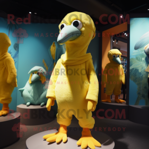 Lemon Yellow Dodo Bird mascot costume character dressed with a Romper and Beanies