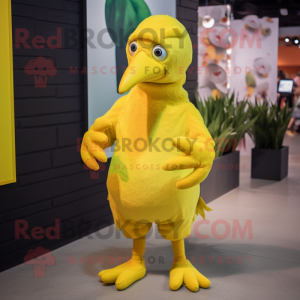 Lemon Yellow Dodo Bird mascot costume character dressed with a Romper and Beanies