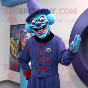 Blue Evil Clown mascot costume character dressed with a Turtleneck and Lapel pins