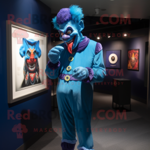 Blue Evil Clown mascot costume character dressed with a Turtleneck and Lapel pins