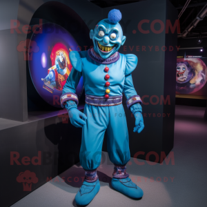 Blue Evil Clown mascot costume character dressed with a Turtleneck and Lapel pins