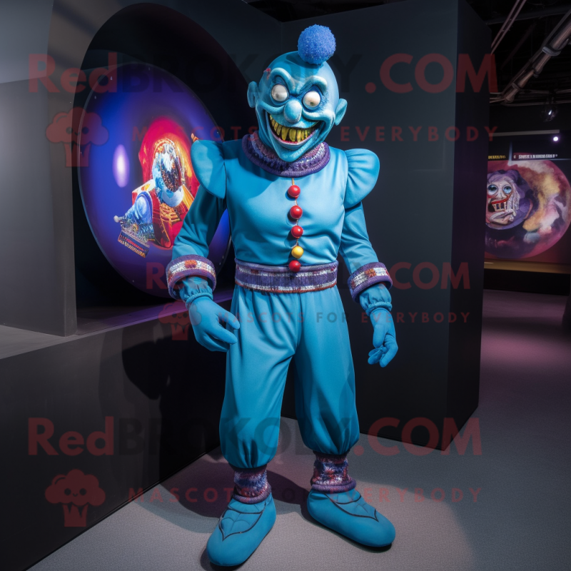 Blue Evil Clown mascot costume character dressed with a Turtleneck and Lapel pins Blue Evil Clown mascot costume character dressed with a Turtleneck and Lapel pins