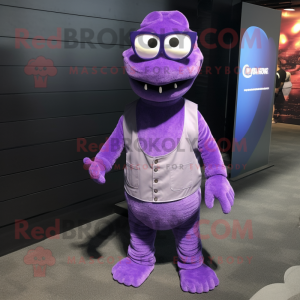 Lavender Loch Ness Monster mascot costume character dressed with a Vest and Eyeglasses