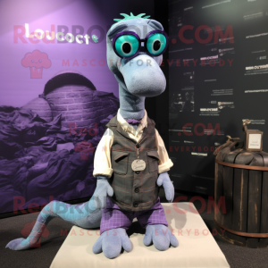 Lavender Loch Ness Monster mascot costume character dressed with a Vest and Eyeglasses