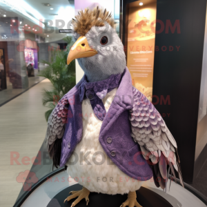 Lavender Guinea Fowl mascot costume character dressed with a Leather Jacket and Keychains