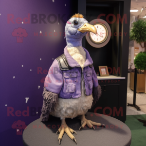 Lavender Guinea Fowl mascot costume character dressed with a Leather Jacket and Keychains