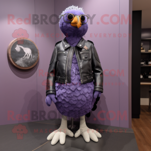 Lavender Guinea Fowl mascot costume character dressed with a Leather Jacket and Keychains