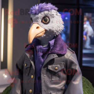 Lavender Guinea Fowl mascot costume character dressed with a Leather Jacket and Keychains