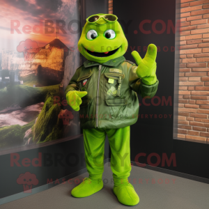 Lime Green Soldier mascot costume character dressed with a Leather Jacket and Anklets