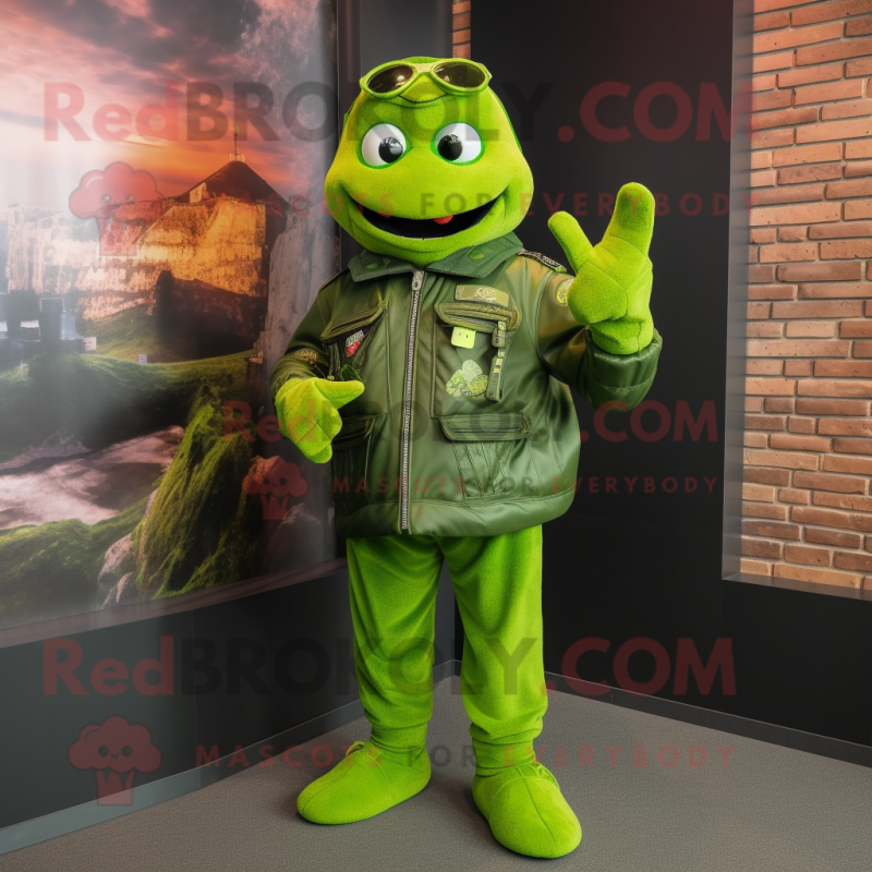 Lime Green Soldier mascot costume character dressed with a Leather Jacket and Anklets Lime Green Soldier mascot costume character dressed with a Leather Jacket and Anklets