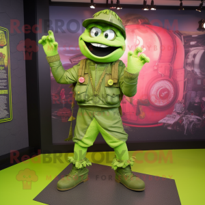 Lime Green Soldier mascot costume character dressed with a Leather Jacket and Anklets