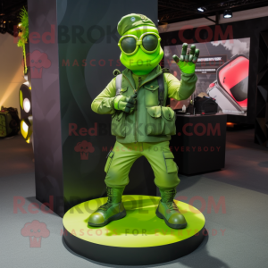 Lime Green Soldier mascot costume character dressed with a Leather Jacket and Anklets