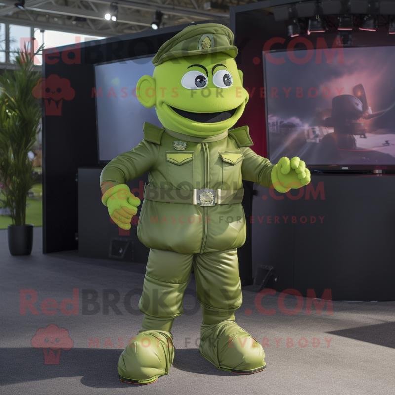 Lime Green Soldier mascot costume character dressed with a Leather Jacket and Anklets