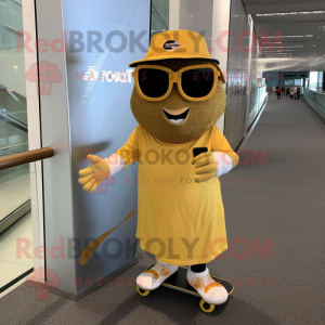 Gold Skateboard mascot costume character dressed with a Pleated Skirt and Sunglasses