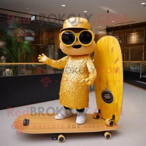 Gold Skateboard mascot costume character dressed with a Pleated Skirt and Sunglasses