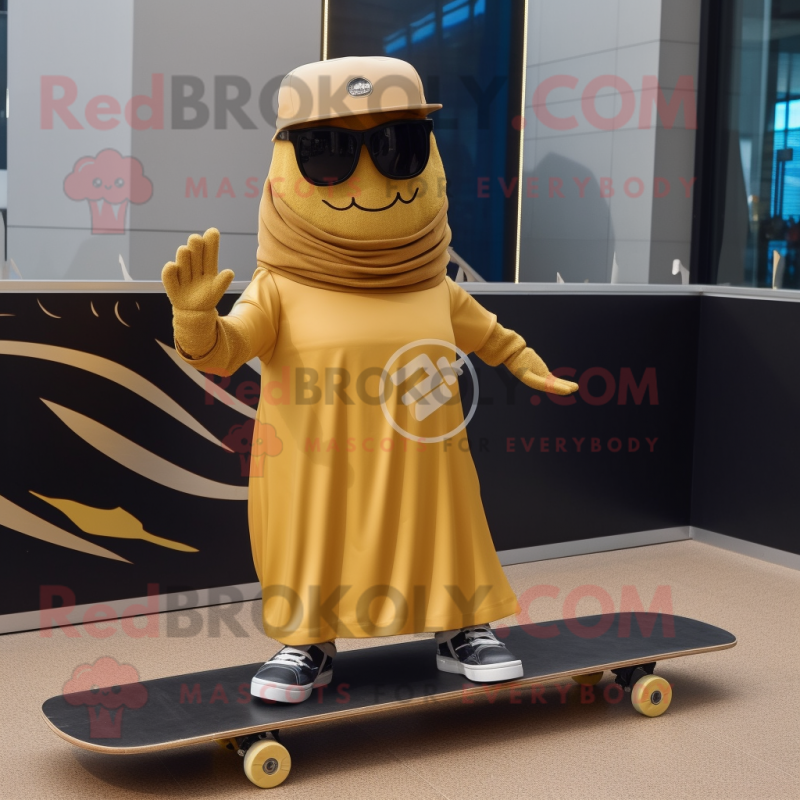 Gold Skateboard mascot costume character dressed with a Pleated Skirt and Sunglasses Gold Skateboard mascot costume character dressed with a Pleated Skirt and Sunglasses
