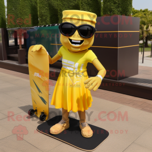 Gold Skateboard mascot costume character dressed with a Pleated Skirt and Sunglasses