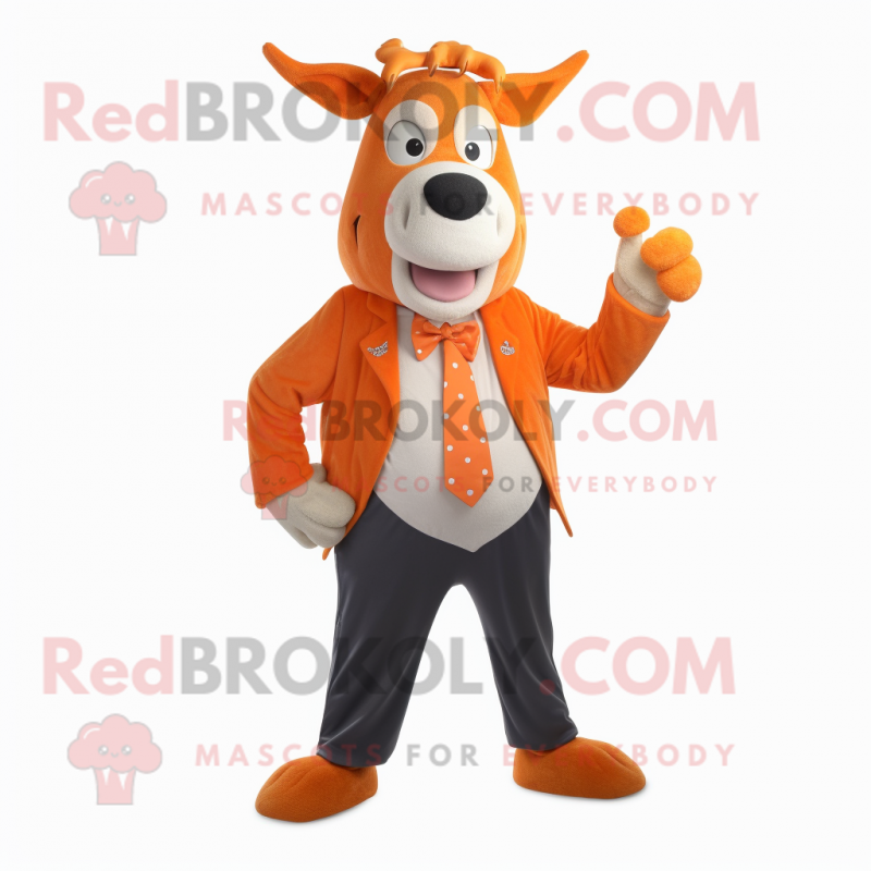 Orange Jersey Cow mascot costume character dressed with a Suit Jacket and Bow ties