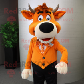 Orange Jersey Cow mascot costume character dressed with a Suit Jacket and Bow ties