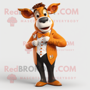 Orange Jersey Cow mascot costume character dressed with a Suit Jacket and Bow ties