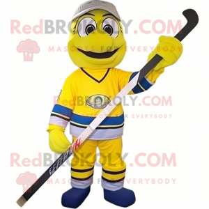 Yellow Ice Hockey Stick mascot costume character dressed with a Turtleneck and Caps