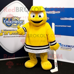 Yellow Ice Hockey Stick mascot costume character dressed with a Turtleneck and Caps