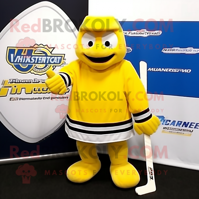 Yellow Ice Hockey Stick mascot costume character dressed with a Turtleneck and Caps Yellow Ice Hockey Stick mascot costume character dressed with a Turtleneck and Caps