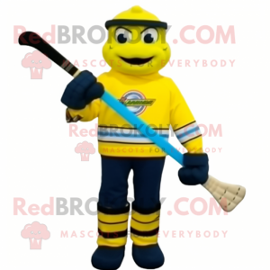 Yellow Ice Hockey Stick mascot costume character dressed with a Turtleneck and Caps