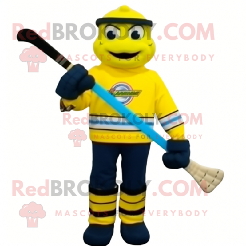 Yellow Ice Hockey Stick mascot costume character dressed with a Turtleneck and Caps