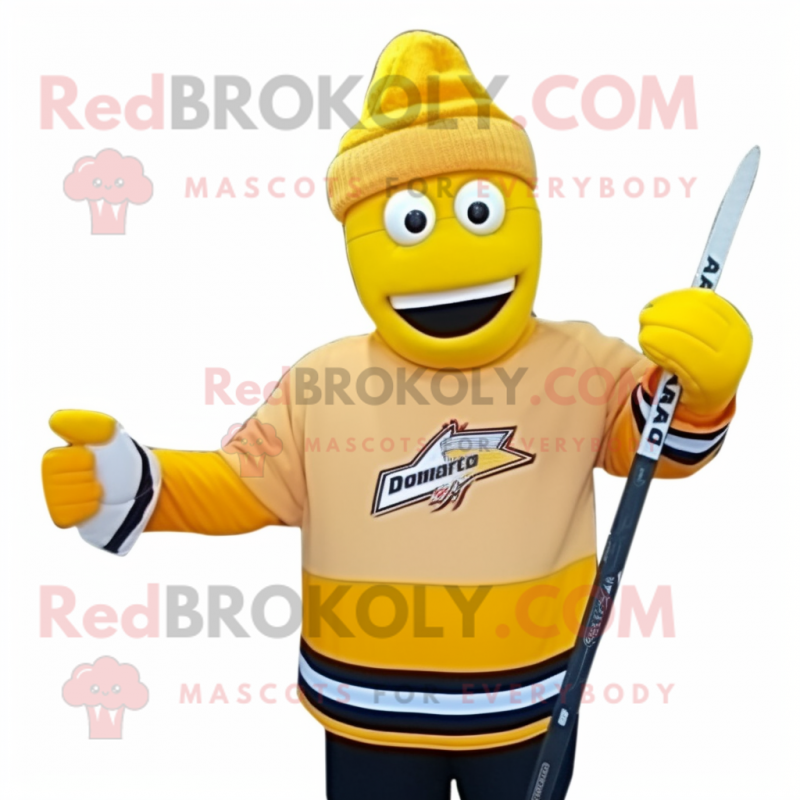 Yellow Ice Hockey Stick mascot costume character dressed with a Turtleneck and Caps