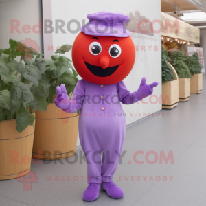 Lavender Tomato mascot costume character dressed with a Jumpsuit and Hats