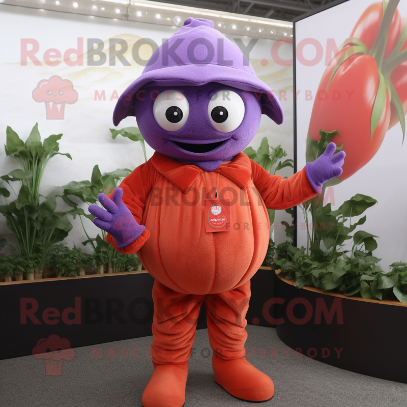 Lavender Tomato mascot costume character dressed with a Jumpsuit and Hats