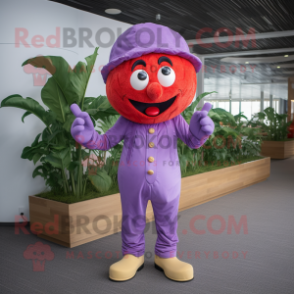 Lavender Tomato mascot costume character dressed with a Jumpsuit and Hats