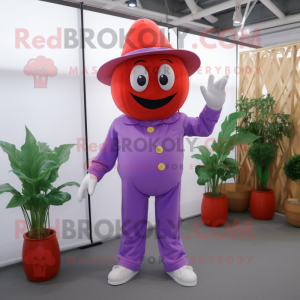 Lavender Tomato mascot costume character dressed with a Jumpsuit and Hats