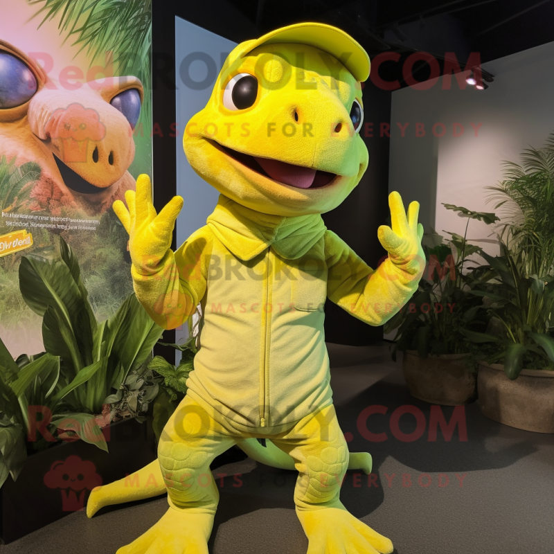 Lemon Yellow Lizard mascot costume character dressed with a Romper and Headbands