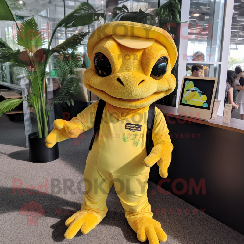 Lemon Yellow Lizard mascot costume character dressed with a Romper and Headbands Lemon Yellow Lizard mascot costume character dressed with a Romper and Headbands