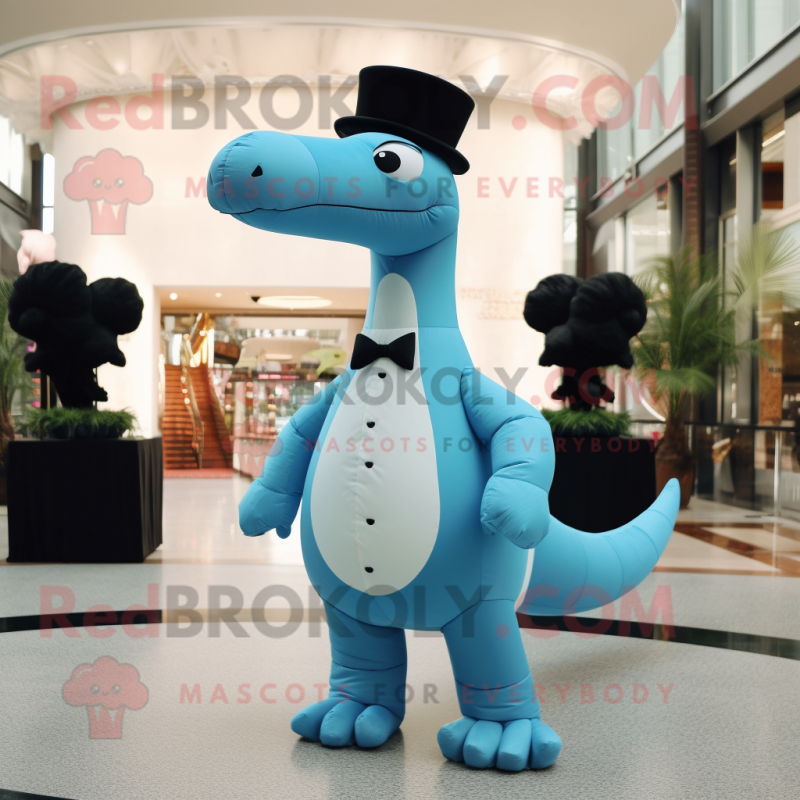 Sky Blue Diplodocus mascot costume character dressed with a Tuxedo and Caps