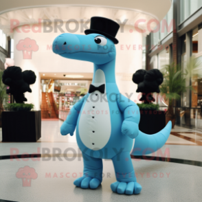 Sky Blue Diplodocus mascot costume character dressed with a Tuxedo and Caps