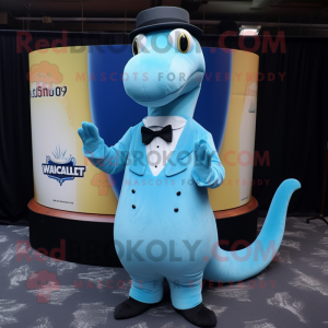 Sky Blue Diplodocus mascot costume character dressed with a Tuxedo and Caps