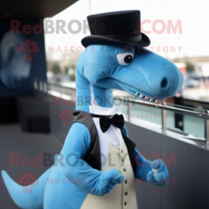 Sky Blue Diplodocus mascot costume character dressed with a Tuxedo and Caps