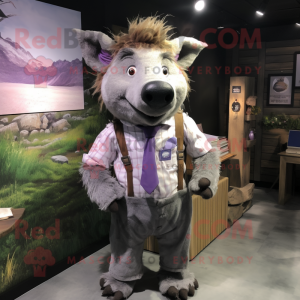 Lavender Wild Boar mascot costume character dressed with a Button-Up Shirt and Suspenders