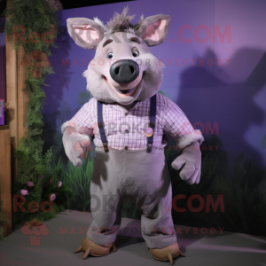 Lavender Wild Boar mascot costume character dressed with a Button-Up Shirt and Suspenders